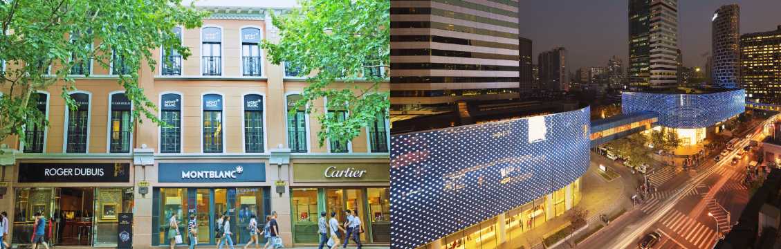A collage of luxury boutiques on a tree-lined avenue and a modern, illuminated shopping centre in Shanghai