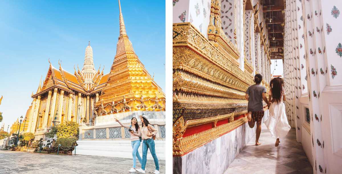 Golden temple in Thailand with tourists exploring traditional architecture and ornamental details