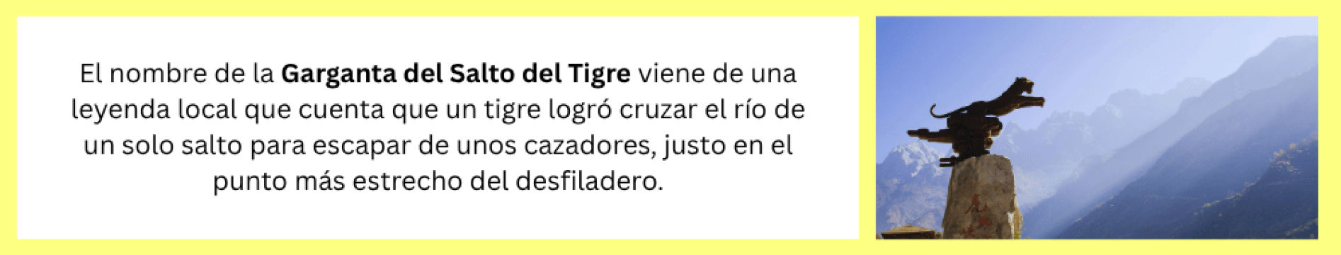 Ilustración del tigre saltando sobre el río Jinsha según la leyenda de la Garganta del Salto del Tigre en China.