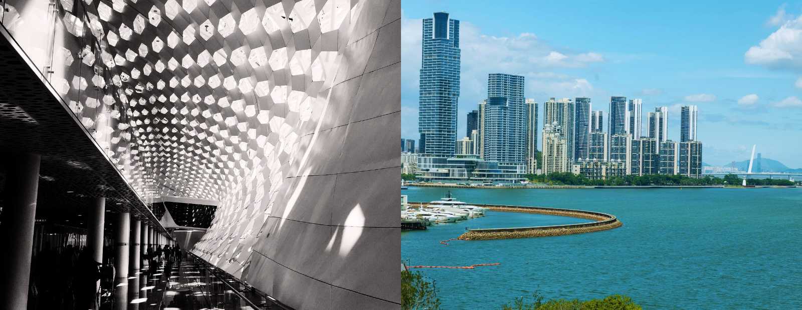 Composition featuring the futuristic interior of Shenzhen Airport and a view of buildings along the city's coast