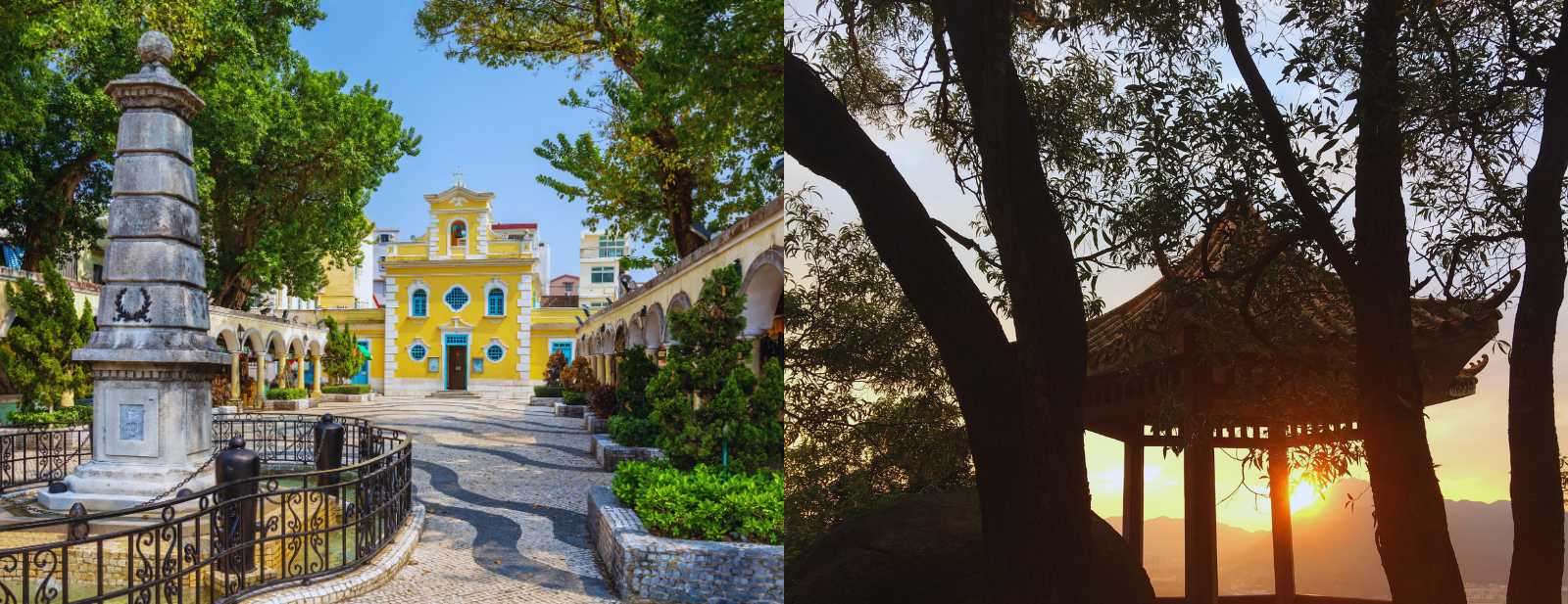 A yellow colonial chapel in Macau, surrounded by trees and a historic square, beside a traditional Chinese viewpoint with sunset views