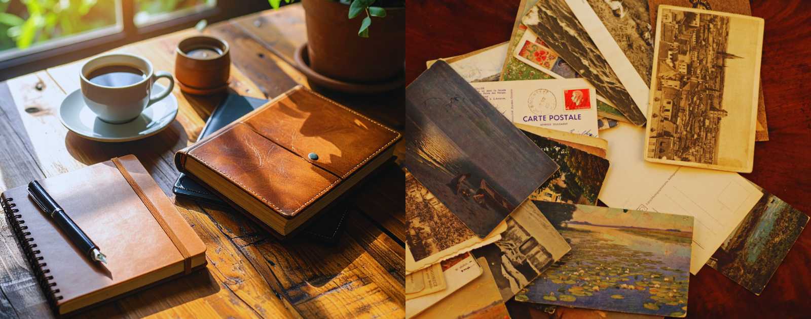 Postales antiguas, cuadernos y objetos de papelería sobre una mesa de madera