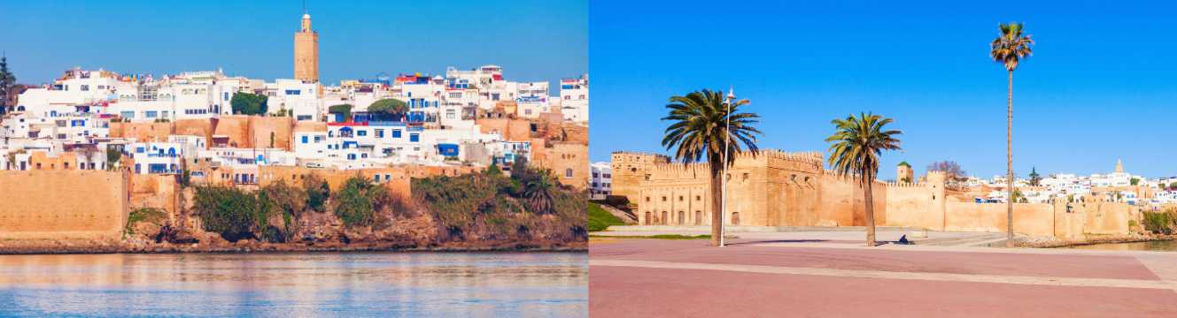 Panorámica urbana de Rabat con murallas históricas, palmeras y paseo marítimo