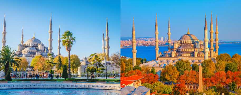 Views of Istanbul's Blue Mosque throughout the seasons, surrounded by gardens and set against the backdrop of the sea.