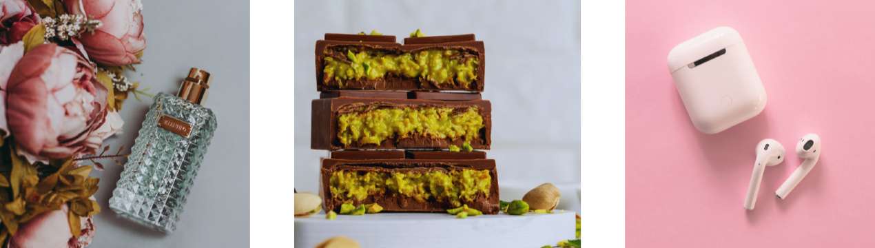 Collage de productos de consumo con perfume, chocolate relleno y auriculares inalámbricos