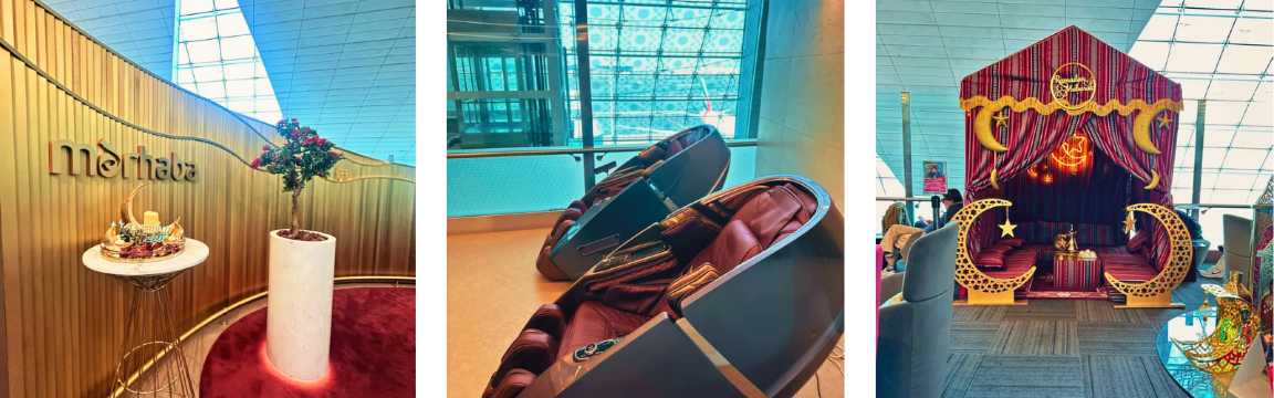 Collage de espacios y servicios del aeropuerto con zonas de descanso, asientos y decoración temática.