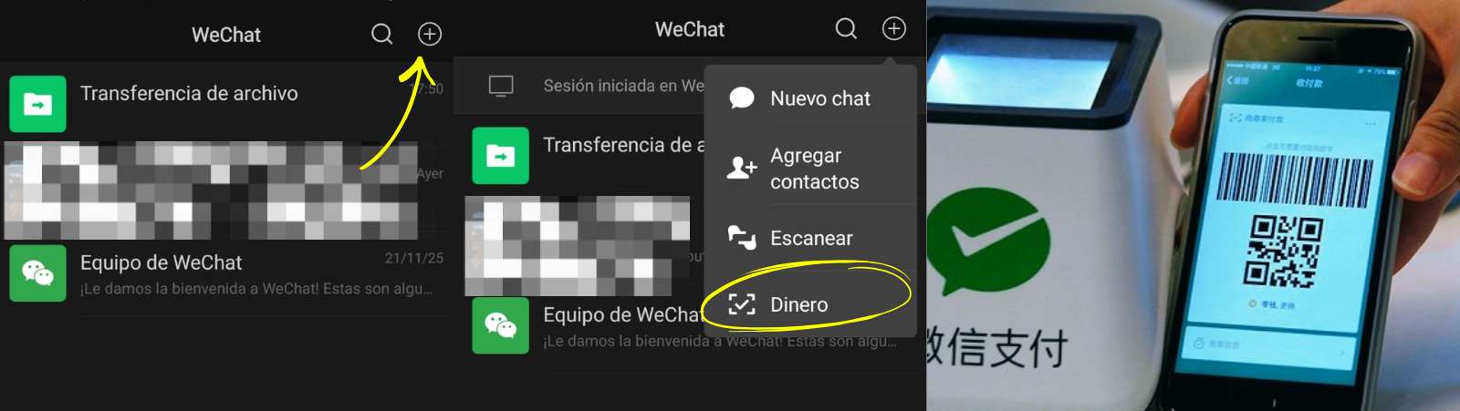 Teléfono móvil escaneando un código QR de pago, utilizado en un terminal compatible con WeChat Pay