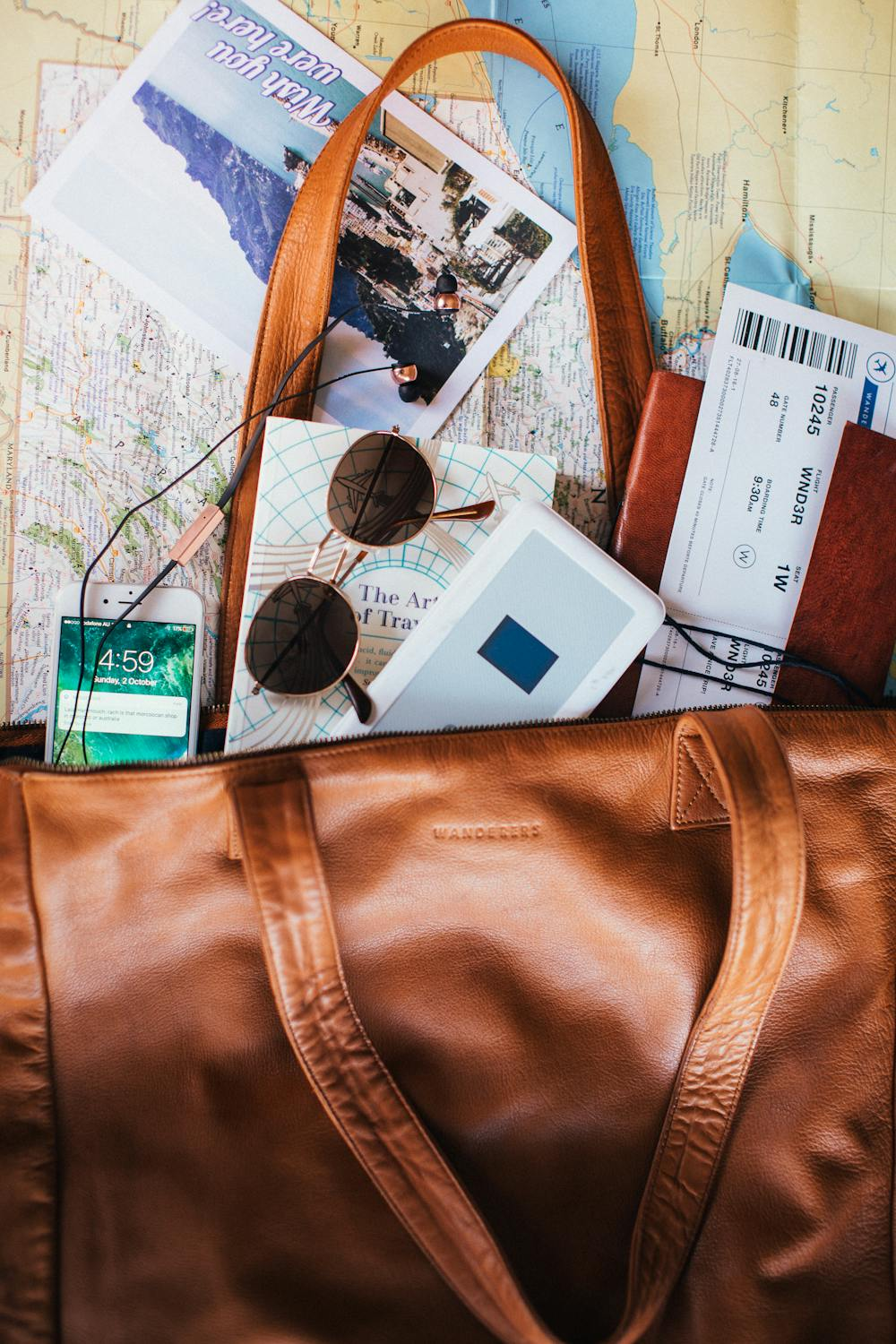 a traveller's bag, with a bunch of travelling essentials