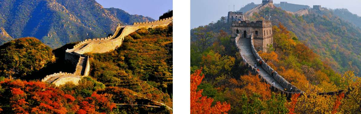 Tramo de la Gran Muralla China rodeado de paisajes otoñales con hojas rojas y doradas.