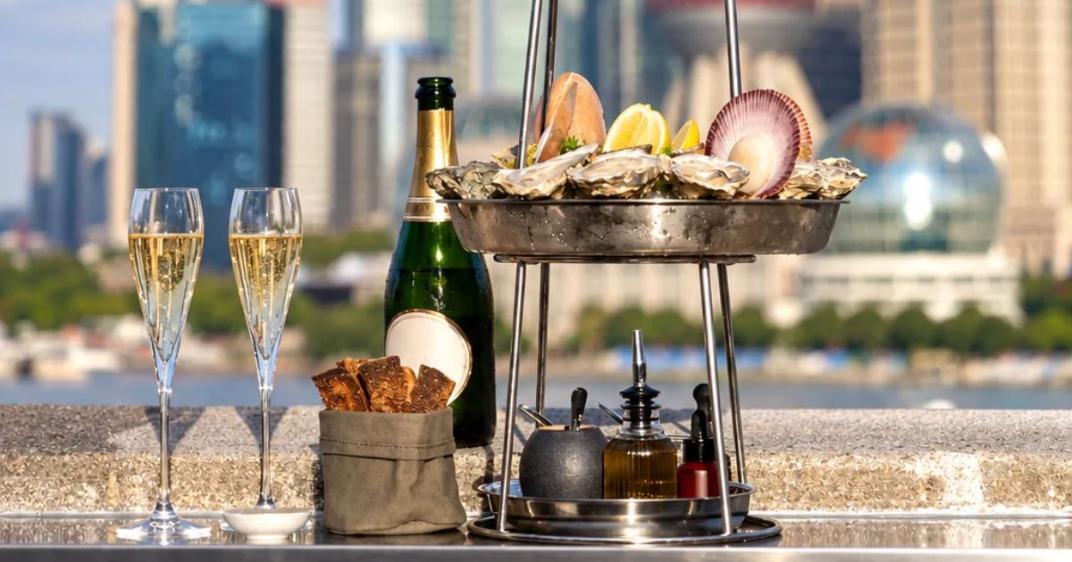 Meeresfrüchte und Champagner im Mr & Mrs Bund mit Blick auf Pudong