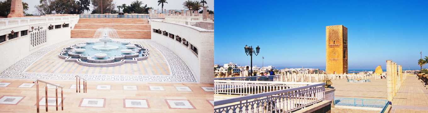 Complejo monumental con fuente central y torre histórica en Rabat bajo cielo despejado