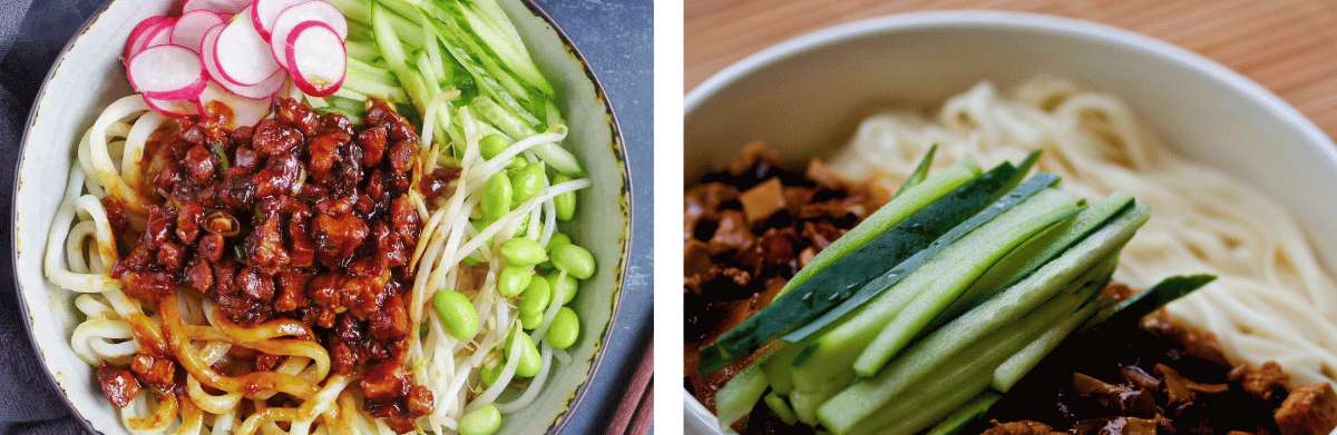 Fideos chinos con carne, pepino y salsa espesa, plato tradicional de Pekín estilo zhajiangmian