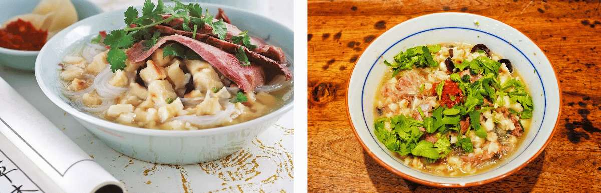 Sopa tradicional de Xi’an con carne, pan troceado y cilantro, plato típico llamado yangrou paomo