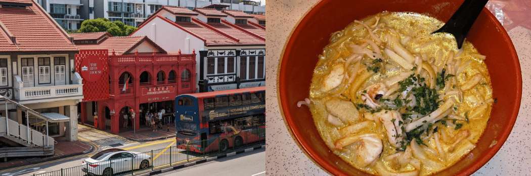 Bâtiments historiques de Chinatown et bol de laksa traditionnel singapourien