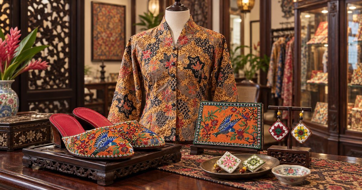 Prenda tradicional de batik, zapatos y accesorios decorados con abalorios Nyonya en una tienda de Singapur.