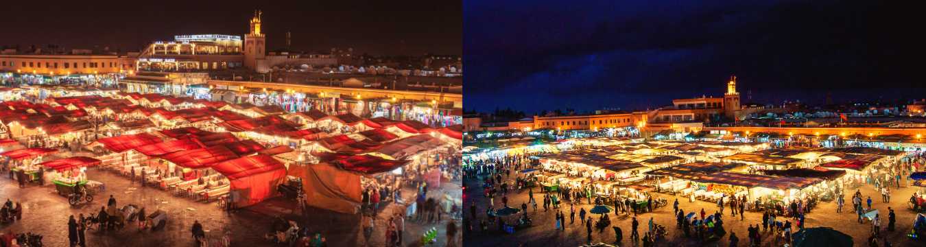 Vista nocturna de la plaza Jemaa el-Fna en Marrakech con puestos iluminados y gran afluencia de personas