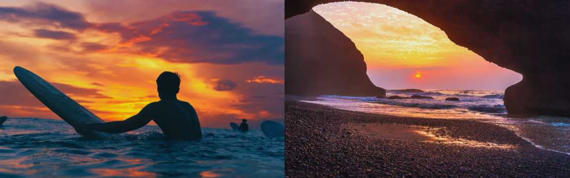Surfistas al atardecer frente a la costa atlántica y vista de una cueva marina con el sol poniéndose sobre el océano