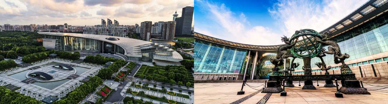 Collage del Museo de Shanghái y escultura de dragones frente a centro cultural moderno en la ciudad