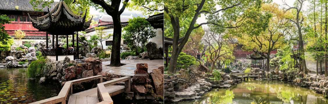 Paisaje del Jardín Yuyuan con estanque, puente de piedra y vegetación en un parque histórico de Shanghái.