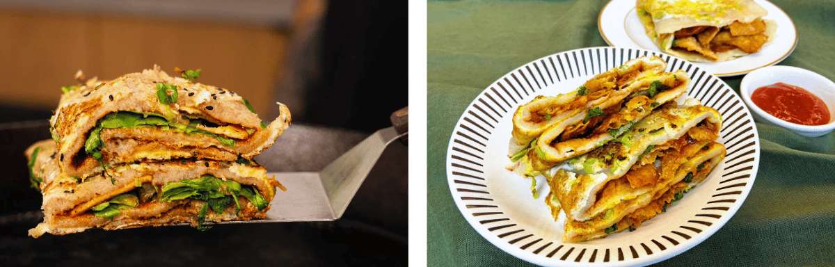 Jianbing chino relleno cortado en porciones, comida callejera popular en Pekín