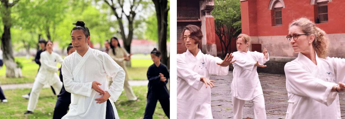 Studenti stranieri che si allenano nel tai-chi e nelle arti marziali tradizionali all'aperto in Cina