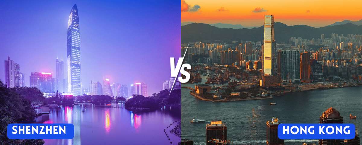 Comparación nocturna entre los skylines de Shenzhen y Hong Kong con el texto "VS", mostrando rascacielos iluminados en ambas ciudades