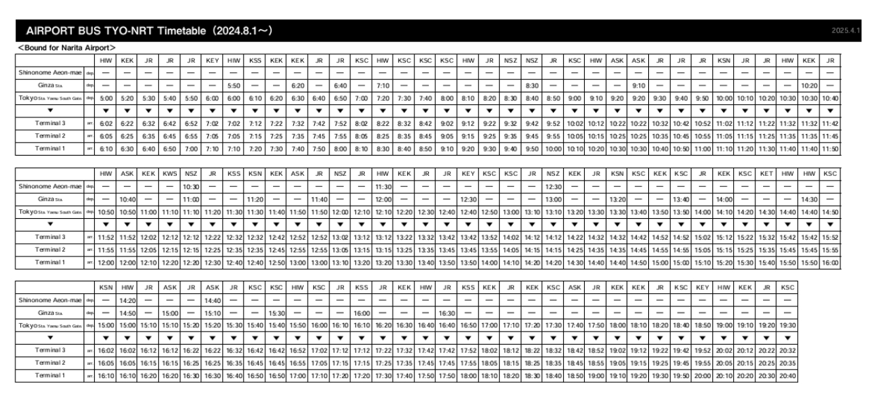 市區到成田機場機場巴士時刻表