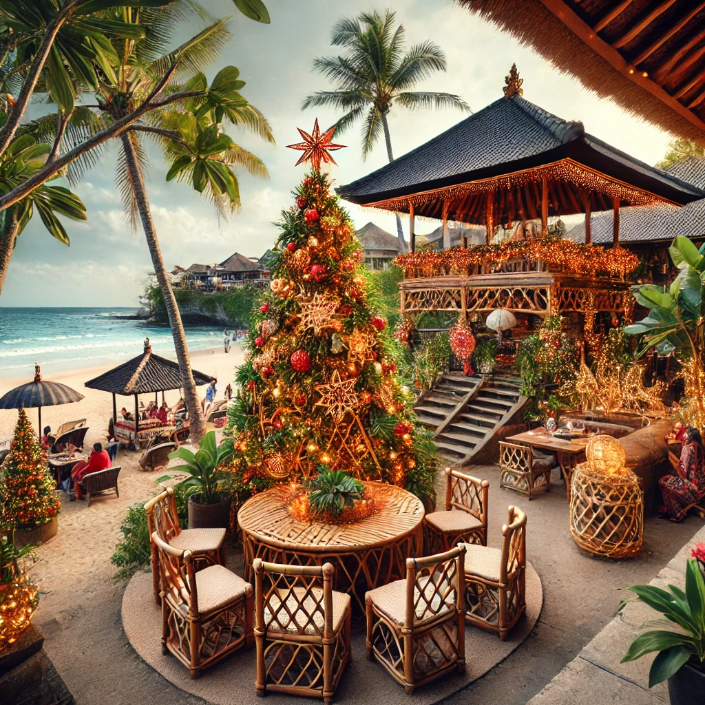 a christmas tree in the middle of a balinese beach resort