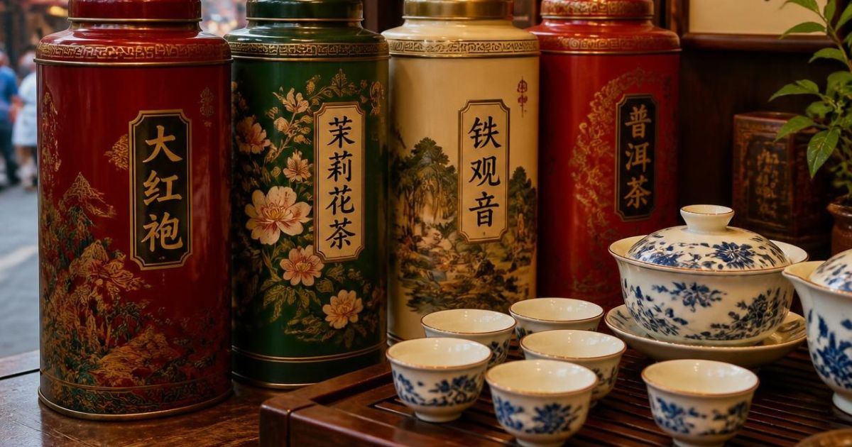 Latas de té chino junto a un juego de té de cerámica en Hong Kong.