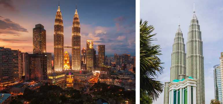 Kuala Lumpur skyline at sunset with the illuminated Petronas Towers