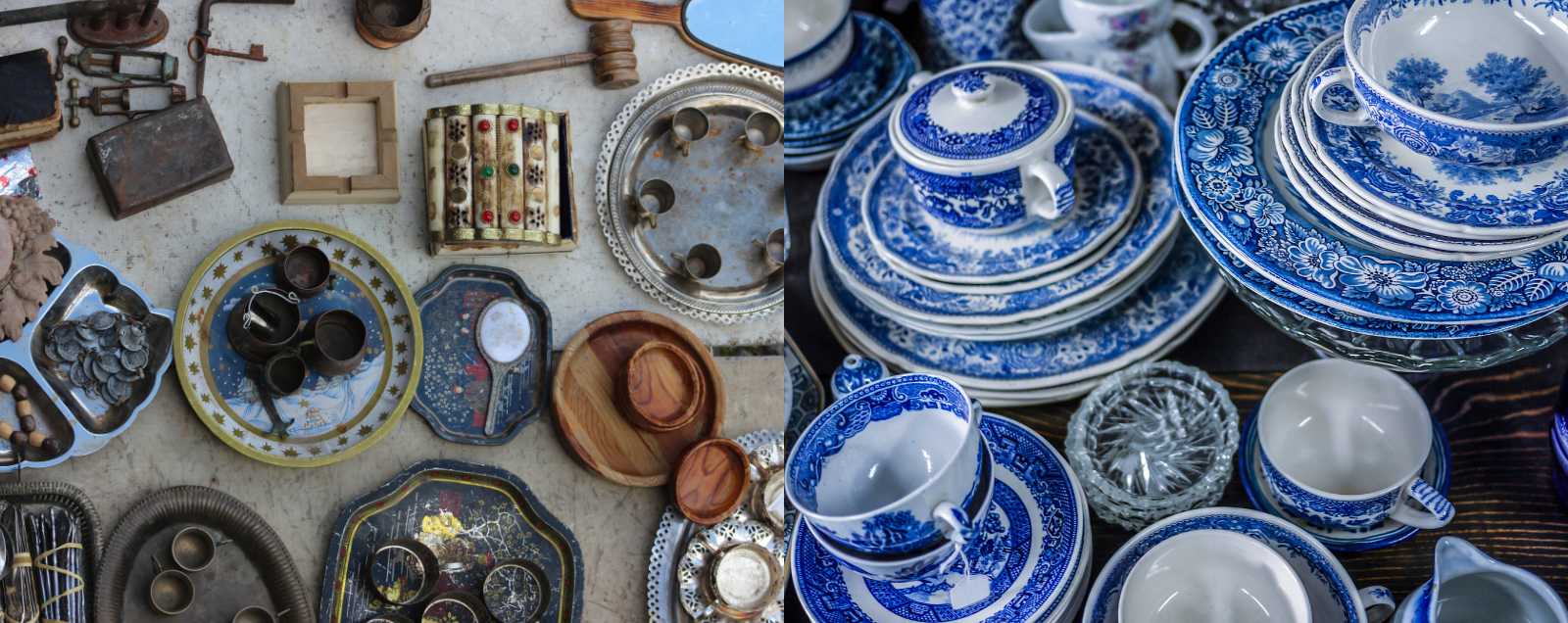 Vajilla antigua y objetos decorativos en un mercadillo de antigüedades en China