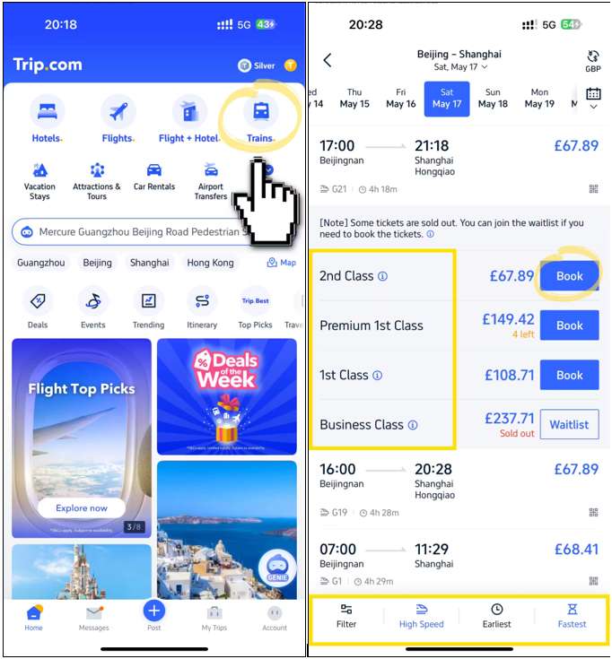 Booking a train ticket through trip.com mobile app