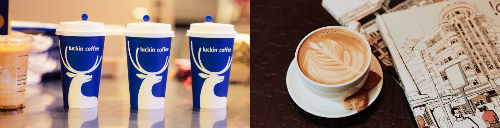 Bicchieri di caffè da asporto in una caffetteria e una tazza con latte art accanto a un taccuino