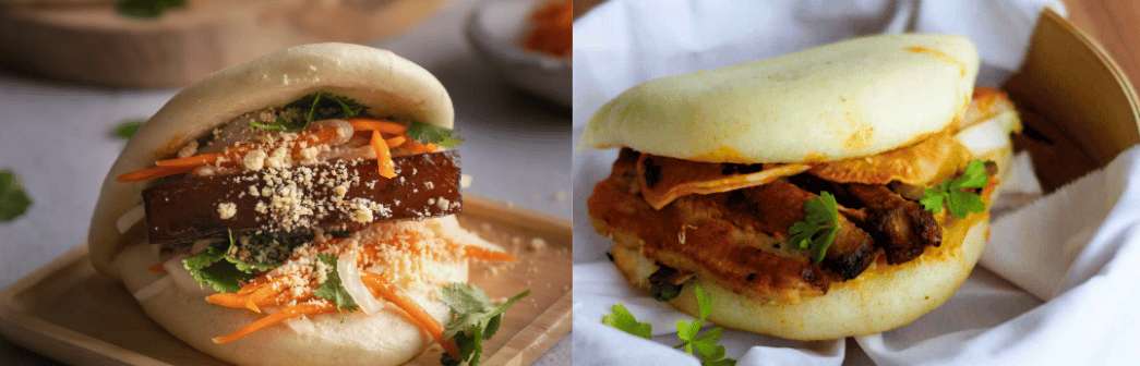 Le gua bao taïwanais, garni de viande tendre, de légumes frais et d'une multitude d'ingrédients savoureux.