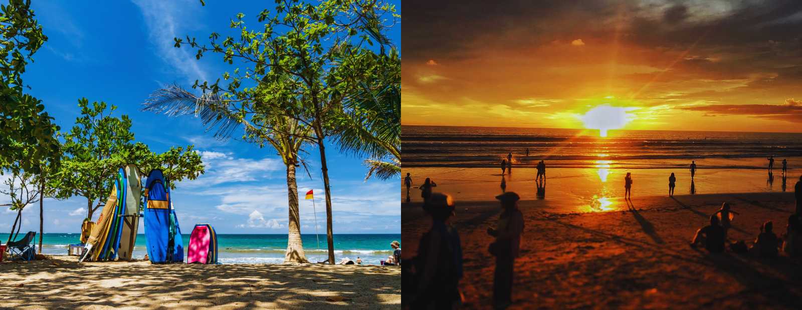 Bali's idyllic beach scene, complete with surfboards nestled under swaying palm trees and a breathtaking sunset painting the sky over the shore.