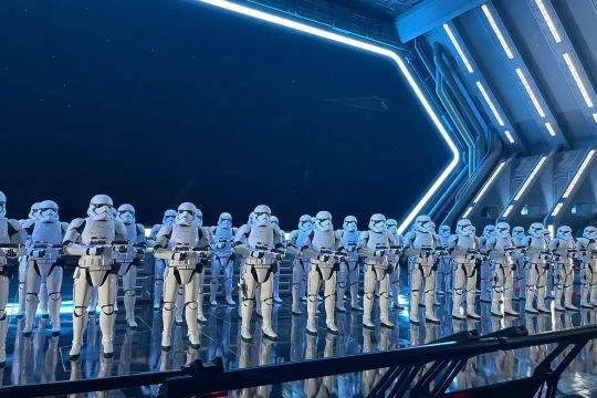 Stormtroopers gathered inside Star Wars Galaxy's Edge at Disney's Hollywood Studios