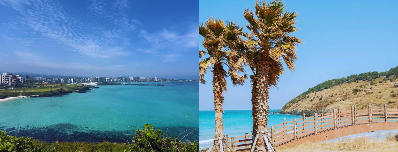 Collage con una playa de aguas turquesas en Jeju y un paseo de madera rodeado de palmeras frente al mar