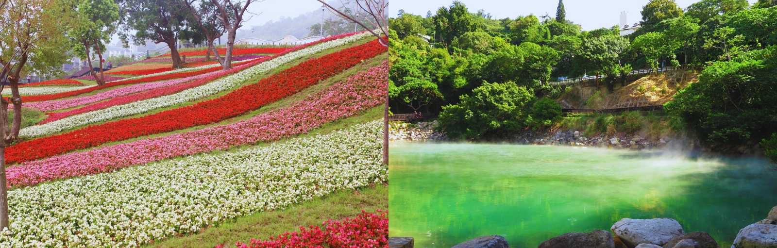 Collage con jardines florales y las aguas termales de Beitou en Taipéi