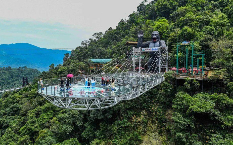 Glass-bottomed mountain bridge with a giant gorilla sculpture