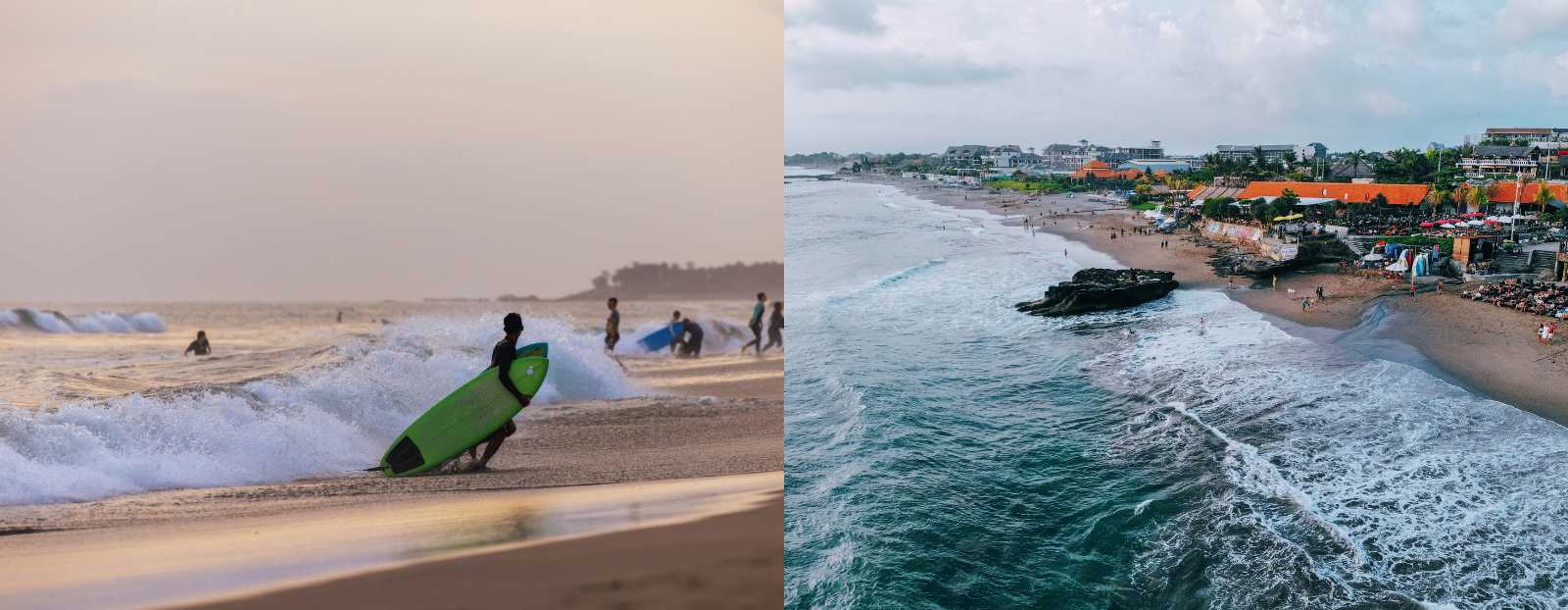 Bali's beaches with surfers heading out into the waves and a stunning aerial view of the bustling coastline.