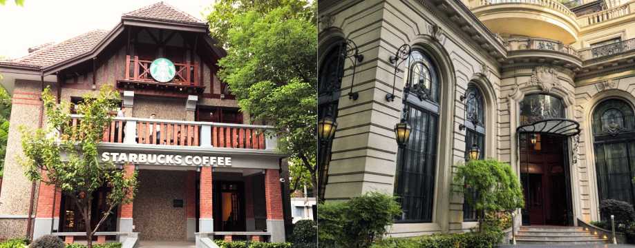 Edificio histórico con cafetería Starbucks y arquitectura colonial en una calle arbolada de Shanghái.