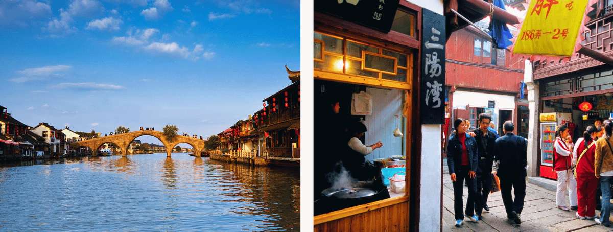 Canal de agua con puente de piedra en Zhujiajiao y calle comercial tradicional con puestos locales