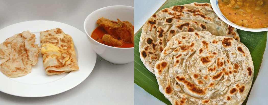 Roti prata servi avec du curry traditionnel, décliné en plusieurs versions.