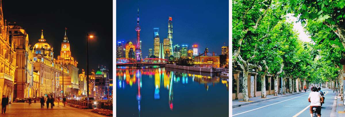 Shanghai collage: the Bund illuminated at night, Pudong skyline with the Oriental Pearl Tower, and tree-lined avenue by the Huangpu River