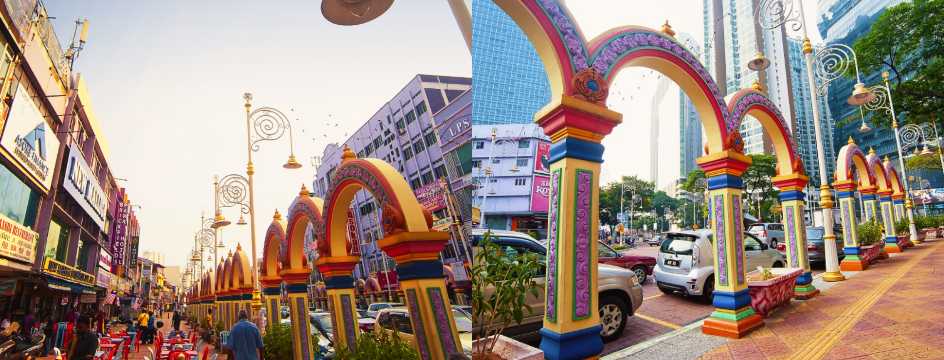 Colourful arches in Kuala Lumpur's Little India, with shops, pedestrians, and modern buildings in the background