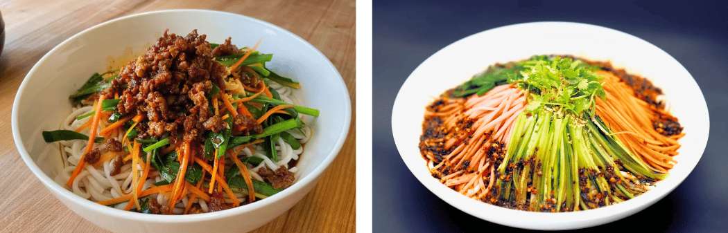 Fideos fríos de Yunnan servidos con carne picada, verduras frescas y condimentos tradicionales