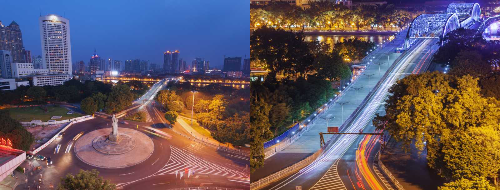 Collage of Guangzhou’s avenues and bridges lit up at night, with light trails from the traffic