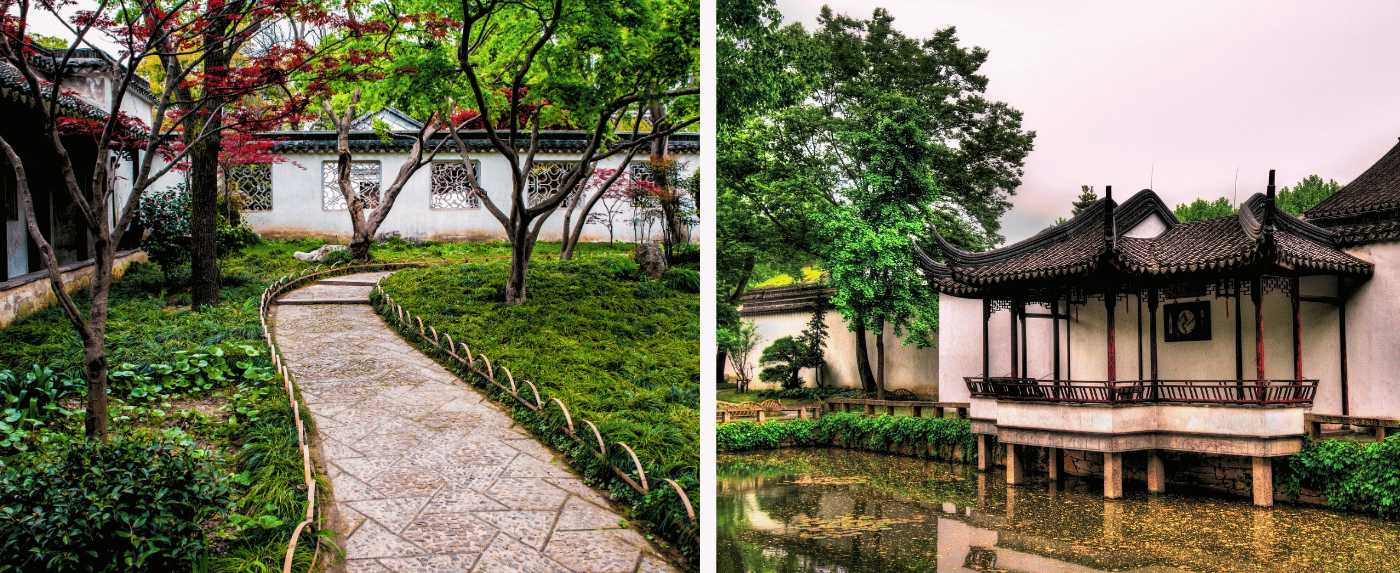 Sentiero in un giardino classico cinese e padiglione sull'acqua a Suzhou con architettura tradizionale e vegetazione