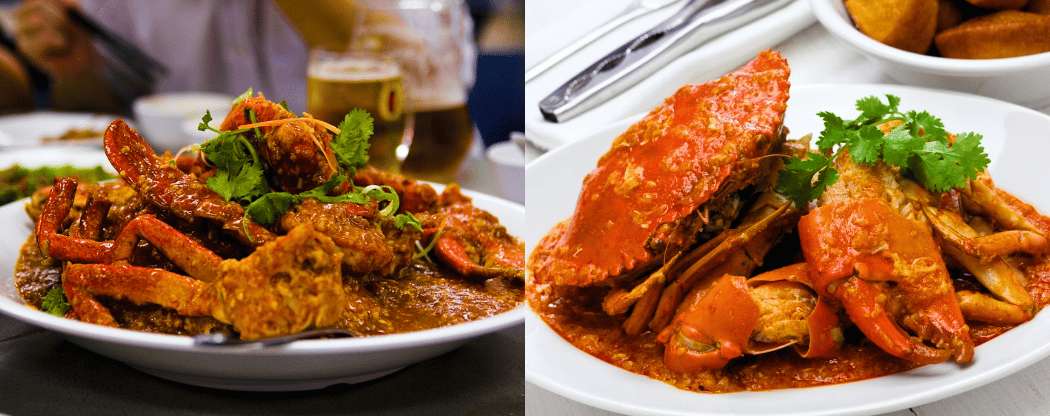 Plats de chili crab singapourien nappés d'une sauce épaisse et épicée