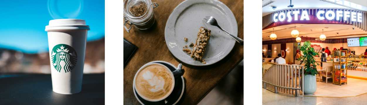 Collage de opciones de café y cafeterías en aeropuerto, con bebidas, postres y locales conocidos.
